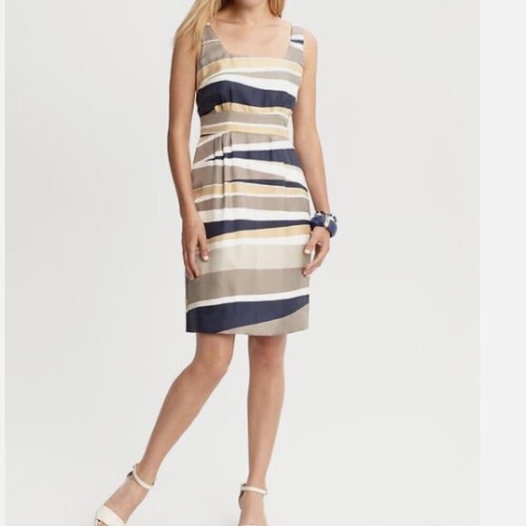 Banana Republic Silk Navy, Gold & Taupe Striped Sheath Dress - Picture 10 of 13